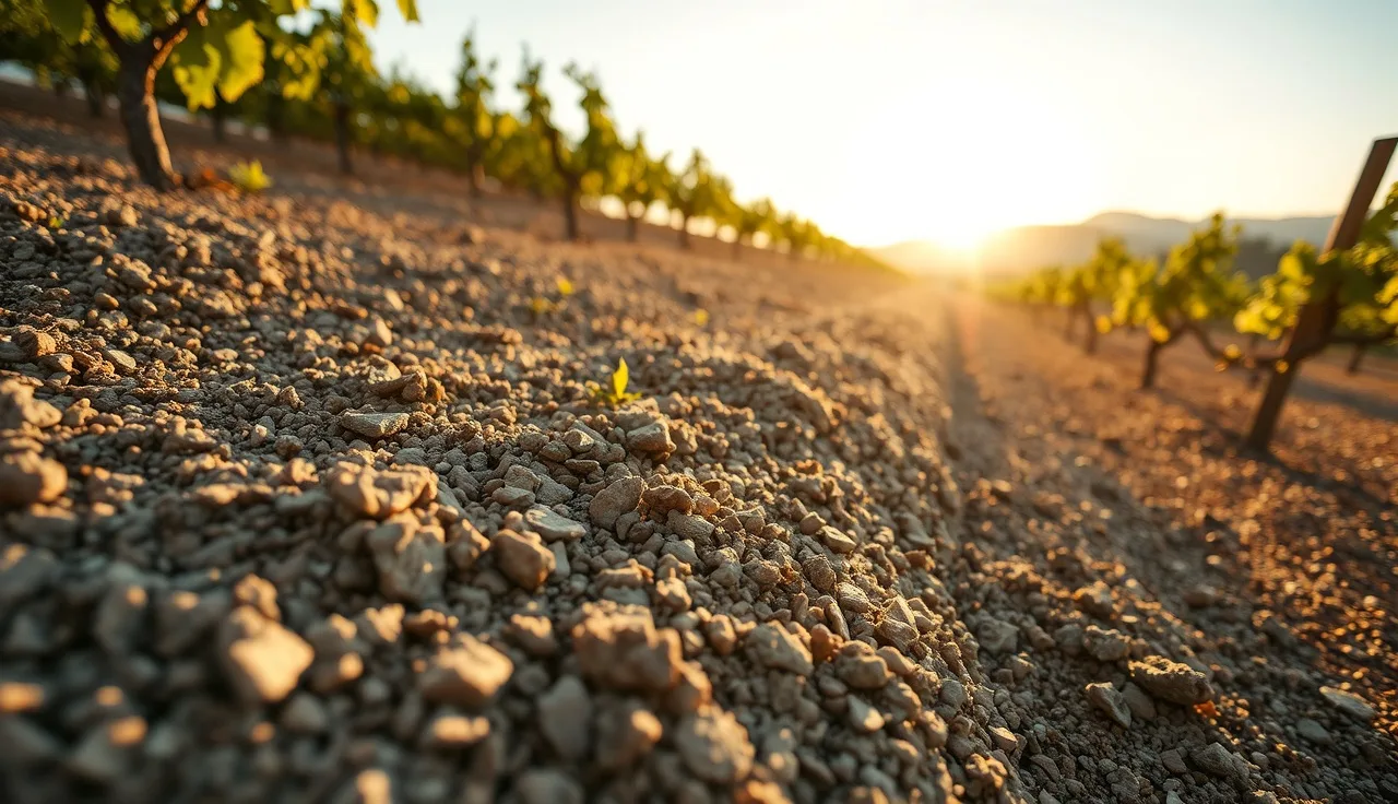 Exposed decomposed granite soil surface at base of grapevine in hillside vineyard