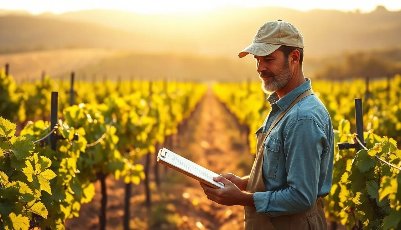 Vineyard worker reviewing spray record clipboard between grapevine rows at sunset