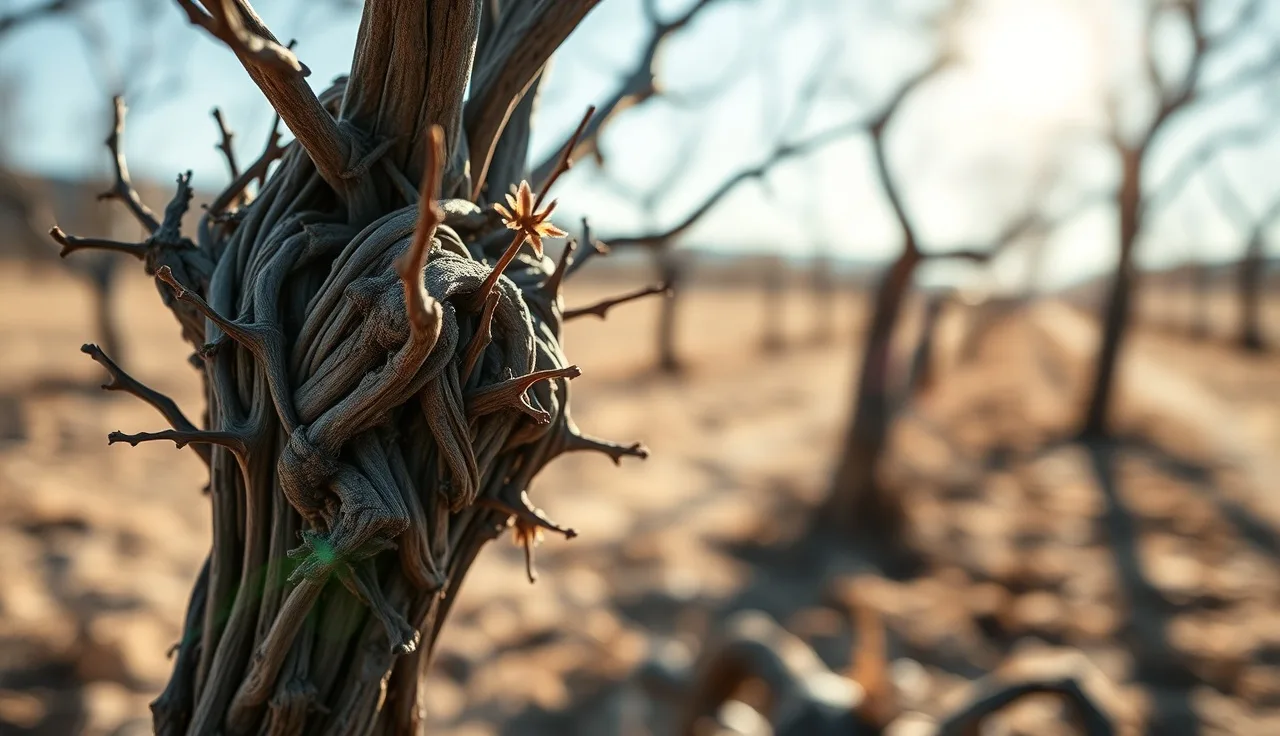 Gnarled old-vine cup-pruned gobelet head with bare spurs in winter vineyard