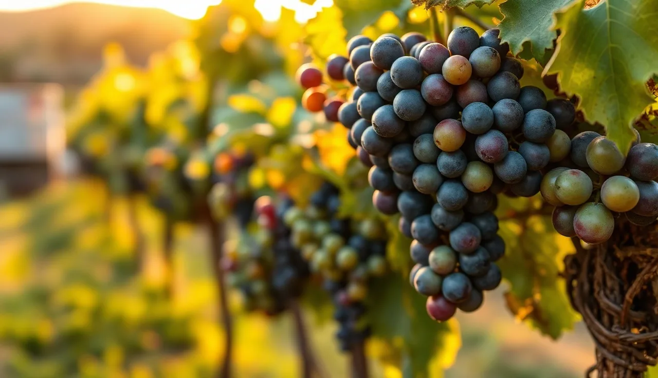 Wine grape clusters at veraison showing green and purple berries on a sun-lit vine row