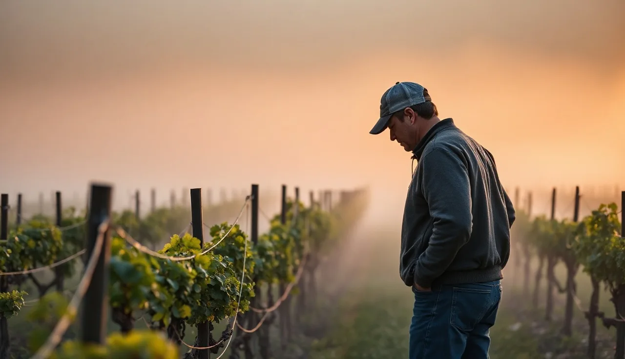 Vineyard worker inspecting vine rows in early morning California fog
