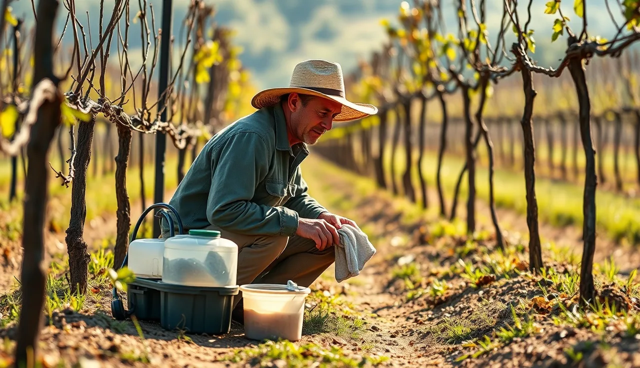 Vineyard worker inspecting a pesticide handler decontamination kit beside a vine row at dawn