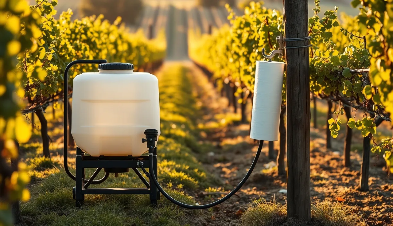Portable decontamination water tank positioned between vineyard rows before a pesticide application