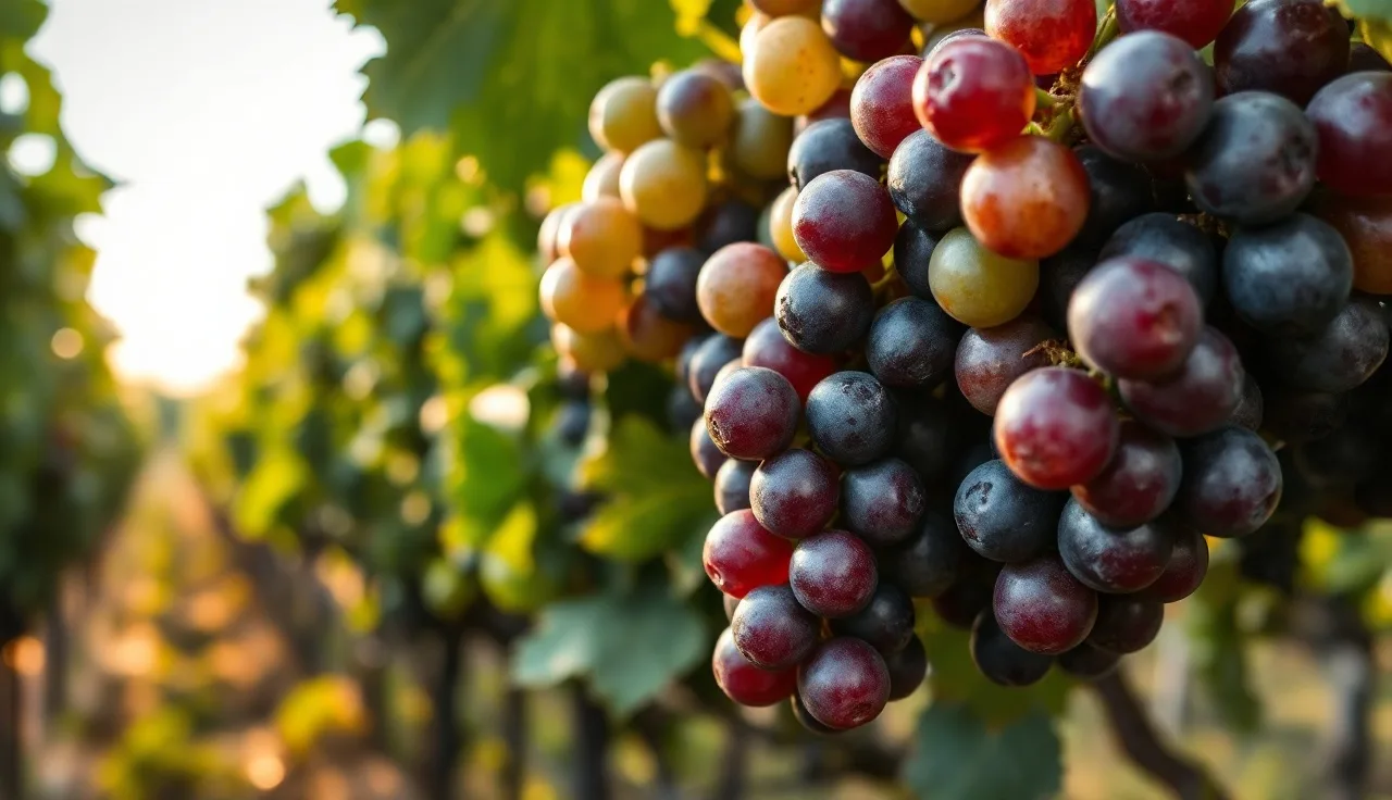 Grape cluster showing veraison with berries transitioning from green to red-purple