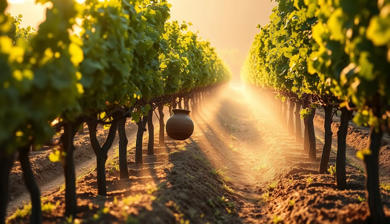 Vineyard worker stirring biodynamic preparation in clay vessel among grapevines at dawn