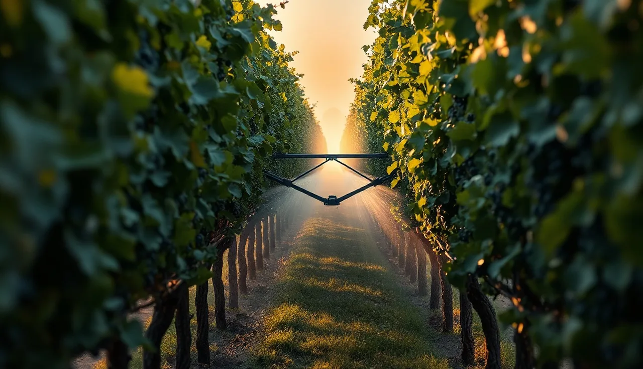 Airblast sprayer applying pesticide through a dense grape vine canopy at sunrise