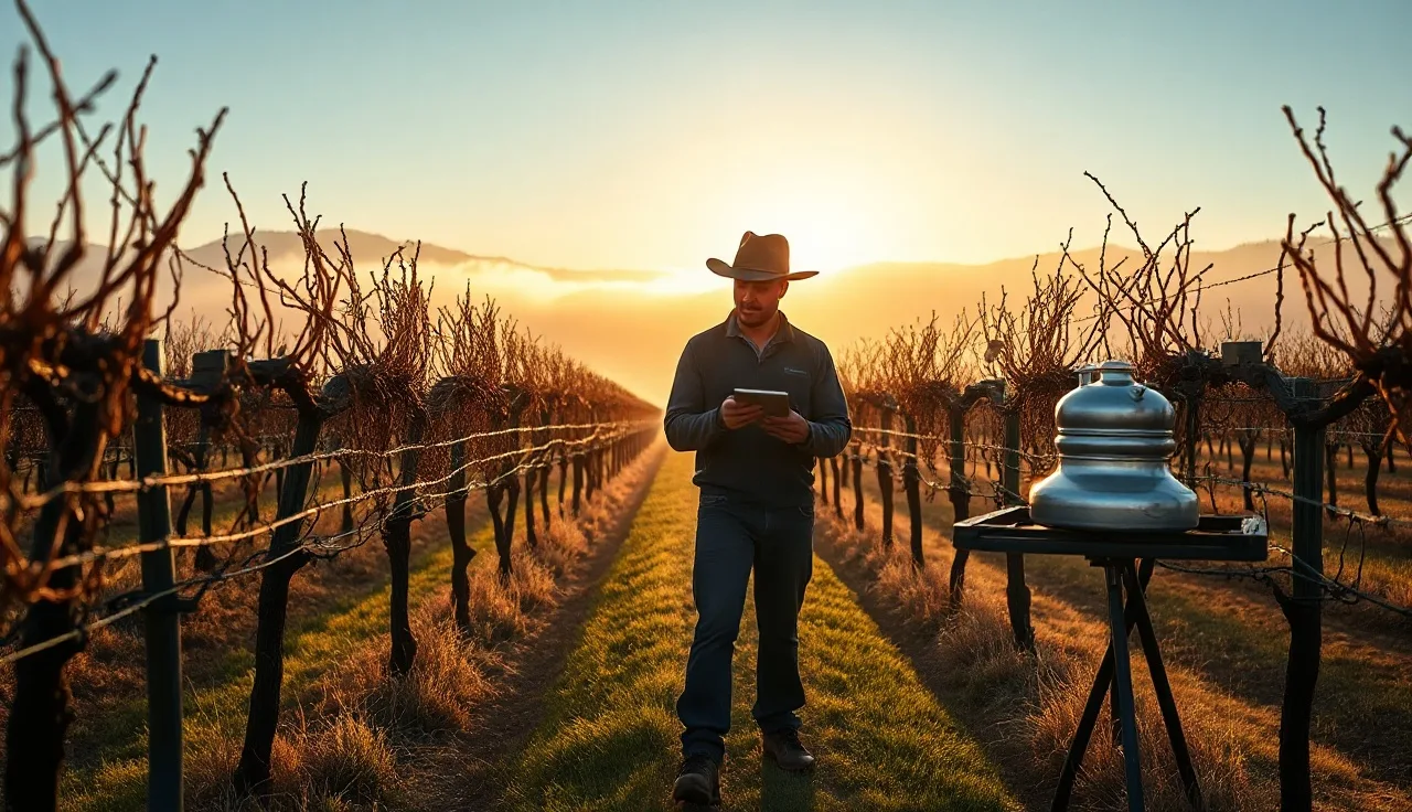 Vineyard worker reviewing spray records on a tablet mounted to a field sprayer between vine rows