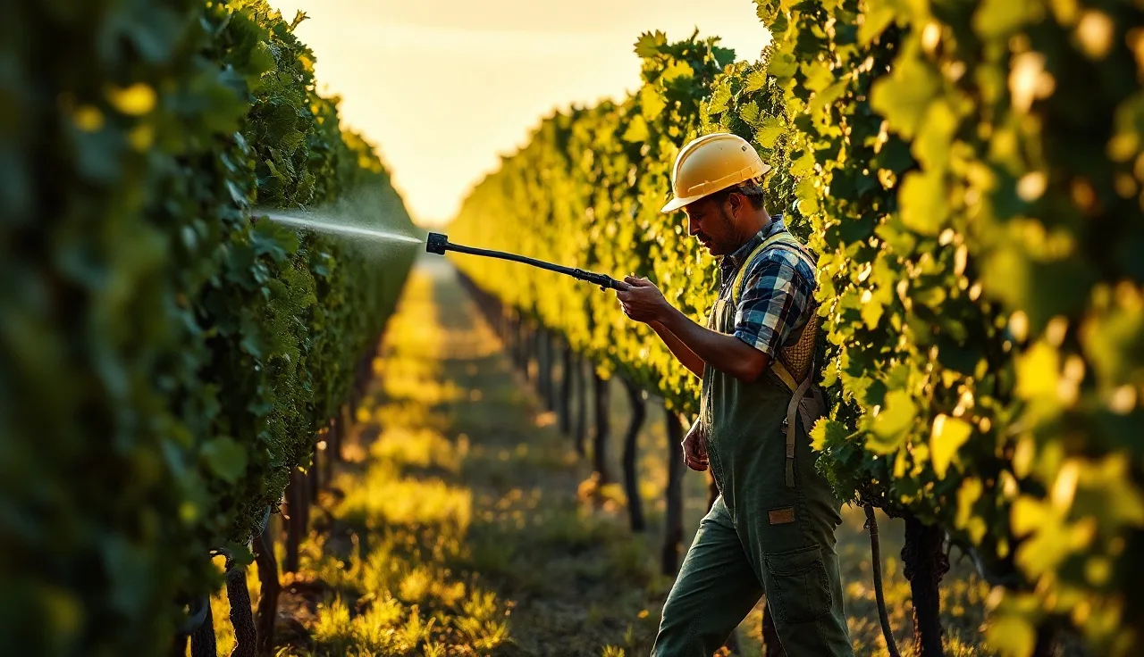 Vineyard worker adjusting backpack sprayer nozzle between grapevine rows at dawn