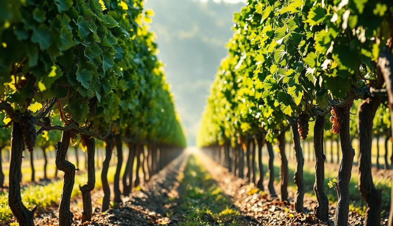 Healthy disease-resistant grapevine row with green canopy in morning light