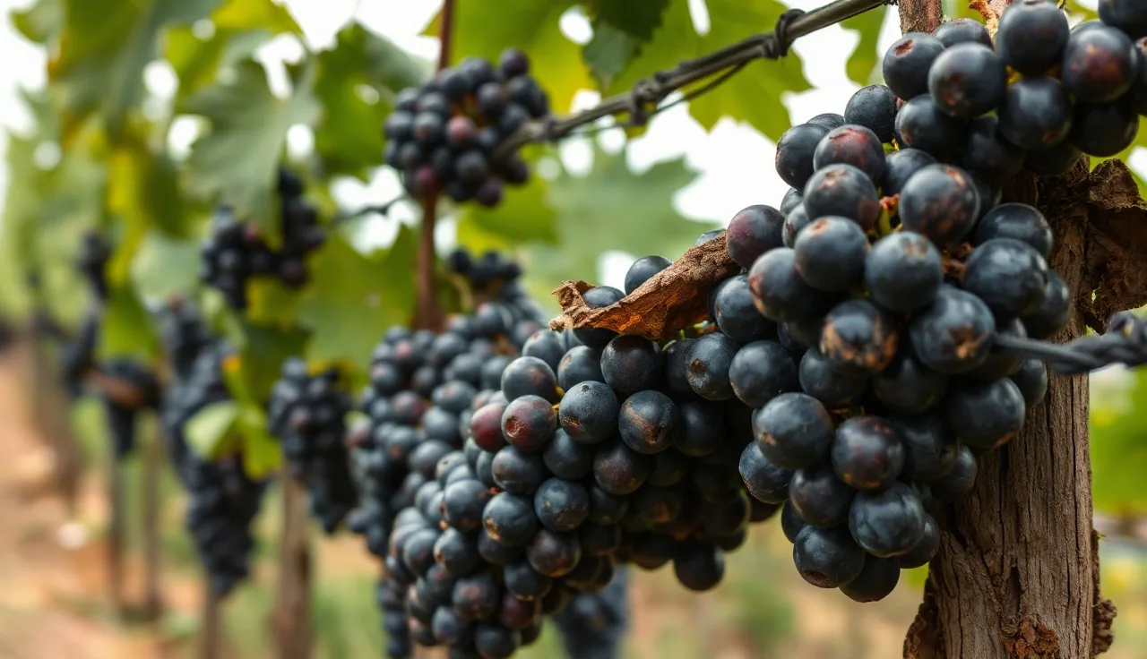 Mummified black rot infected grape clusters hanging on vineyard trellis wire in Illinois