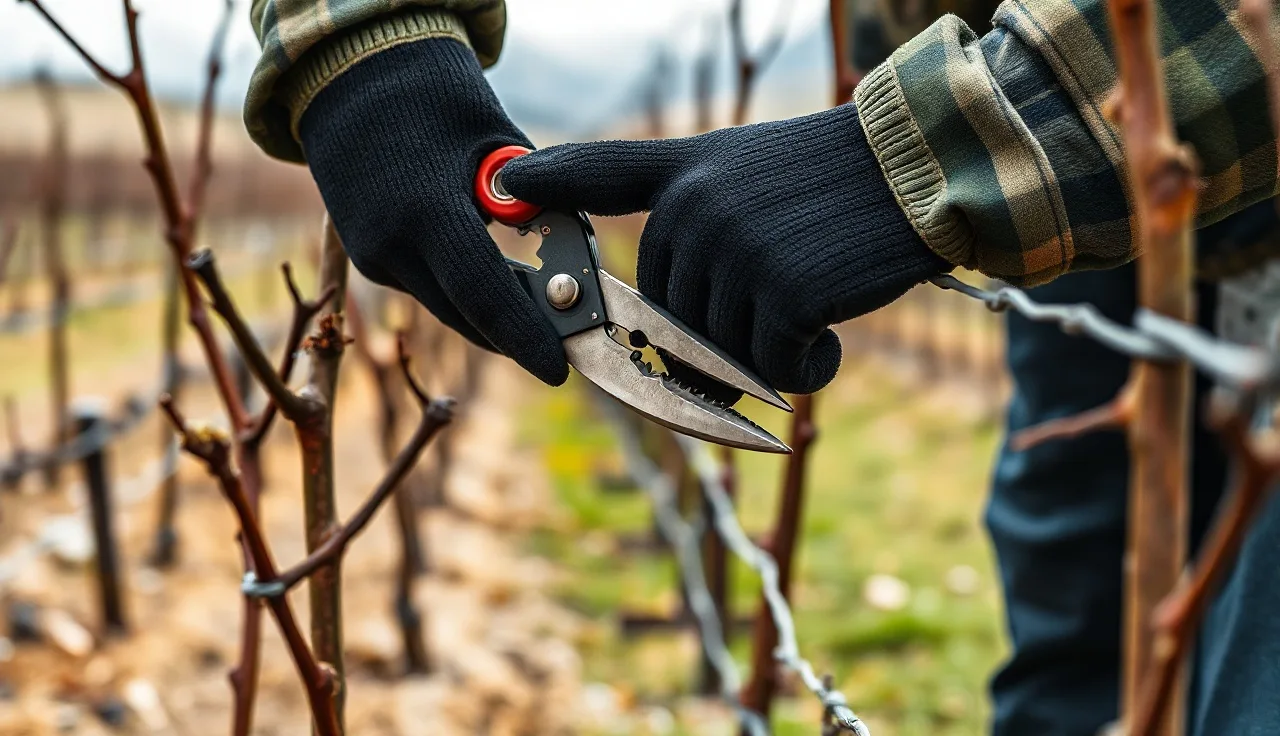Vineyard worker pruning dormant grapevines on a spur-pruned cordon trellis in winter