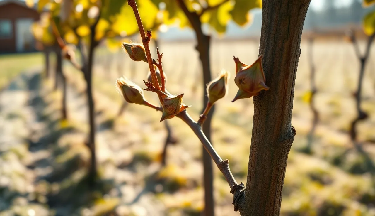 Grapevine canes with swollen buds at early bud swell stage before bud break