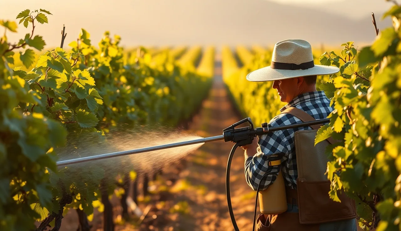 Vineyard worker spraying between grapevine rows with an airblast sprayer at dawn