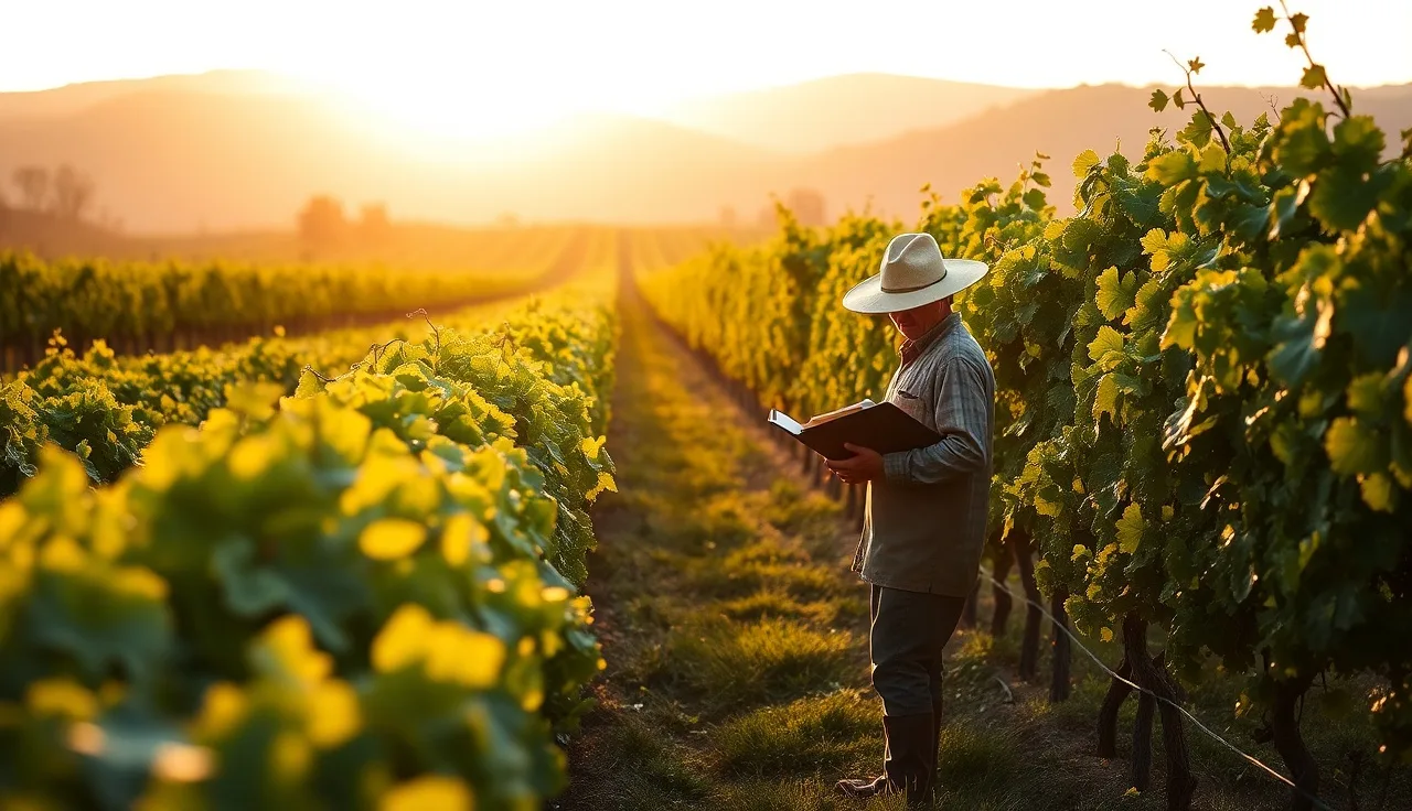 Farm worker with clipboard walking through vine rows at sunrise during vineyard audit preparation