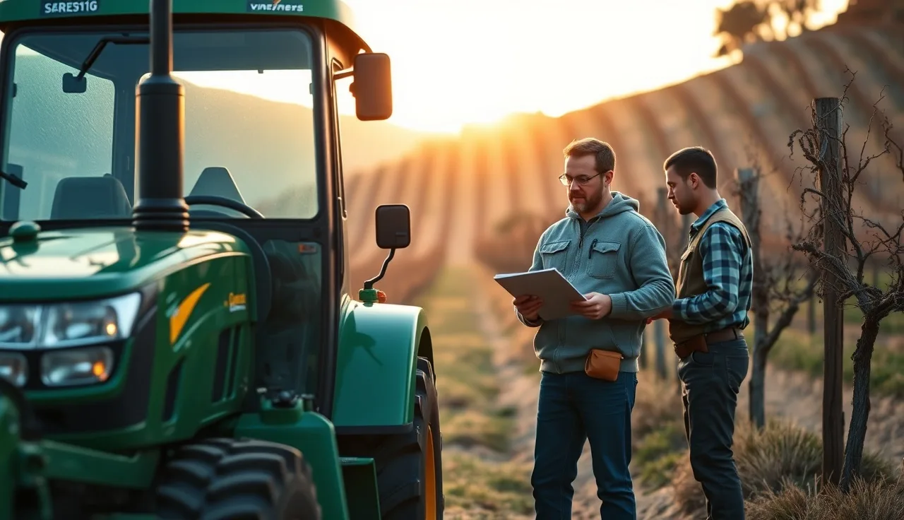 Vineyard manager and worker reviewing tractor safety training paperwork beside equipment in vine rows