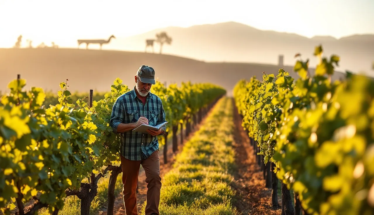 Vineyard worker recording biological spray application notes in a field notebook at dawn
