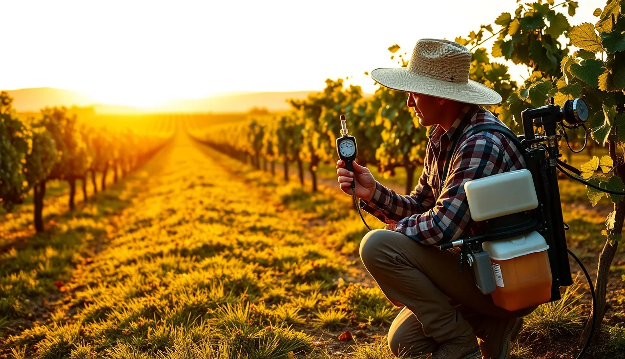 Vineyard applicator measuring wind speed before a spray application at dawn
