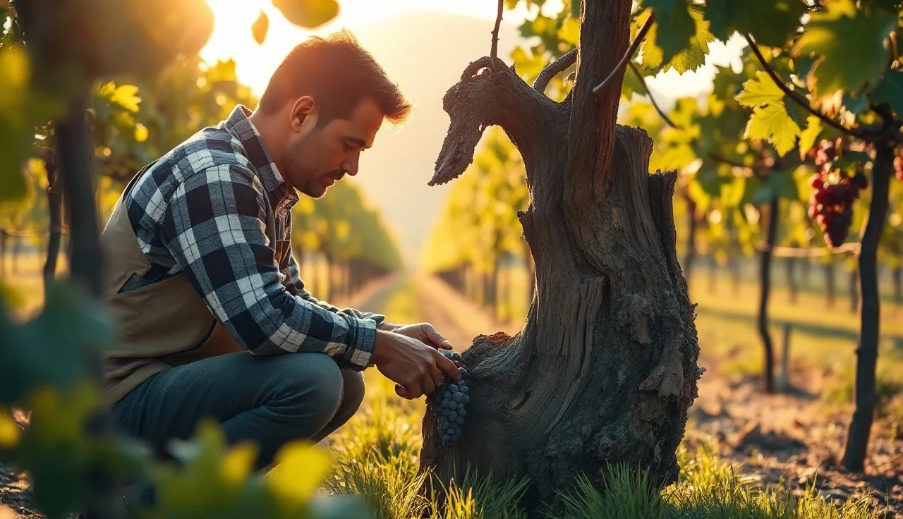 Vineyard worker inspecting grapevine trunk for mealybug vectors of leafroll virus
