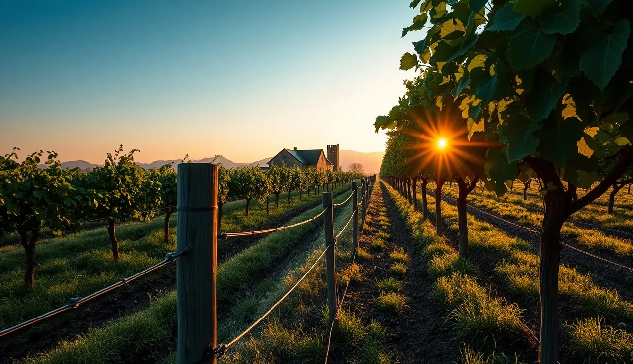 Vineyard row end at dawn with neighboring farmhouse in background, spray notification context