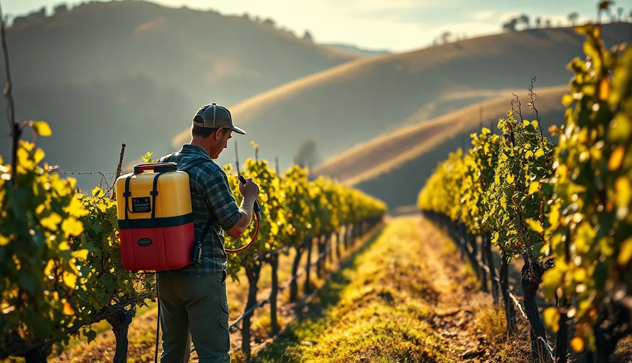 Vineyard worker adjusting spray nozzle beside head-trained grapevines with trellised rows behind
