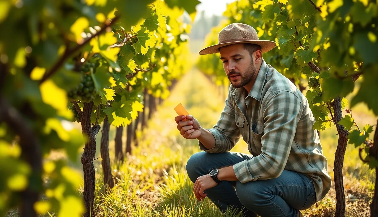 Vineyard worker examining a yellow water-sensitive paper card clipped to a grapevine