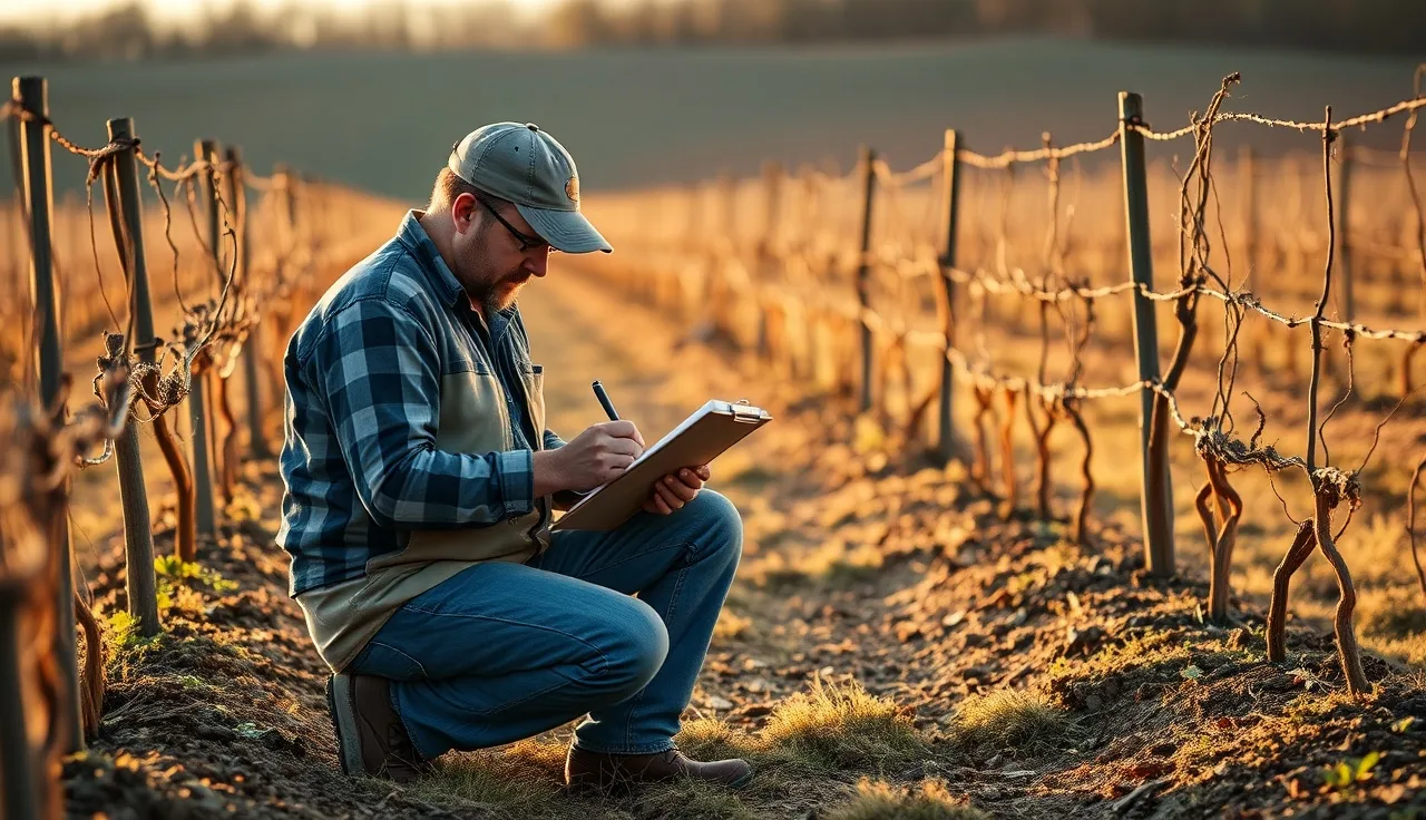 Vineyard manager writing spray record notes in a vine row at dawn