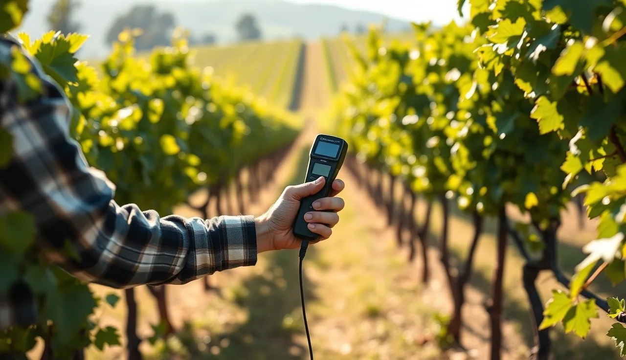 Vineyard worker measuring wind speed with anemometer at canopy height among vine rows