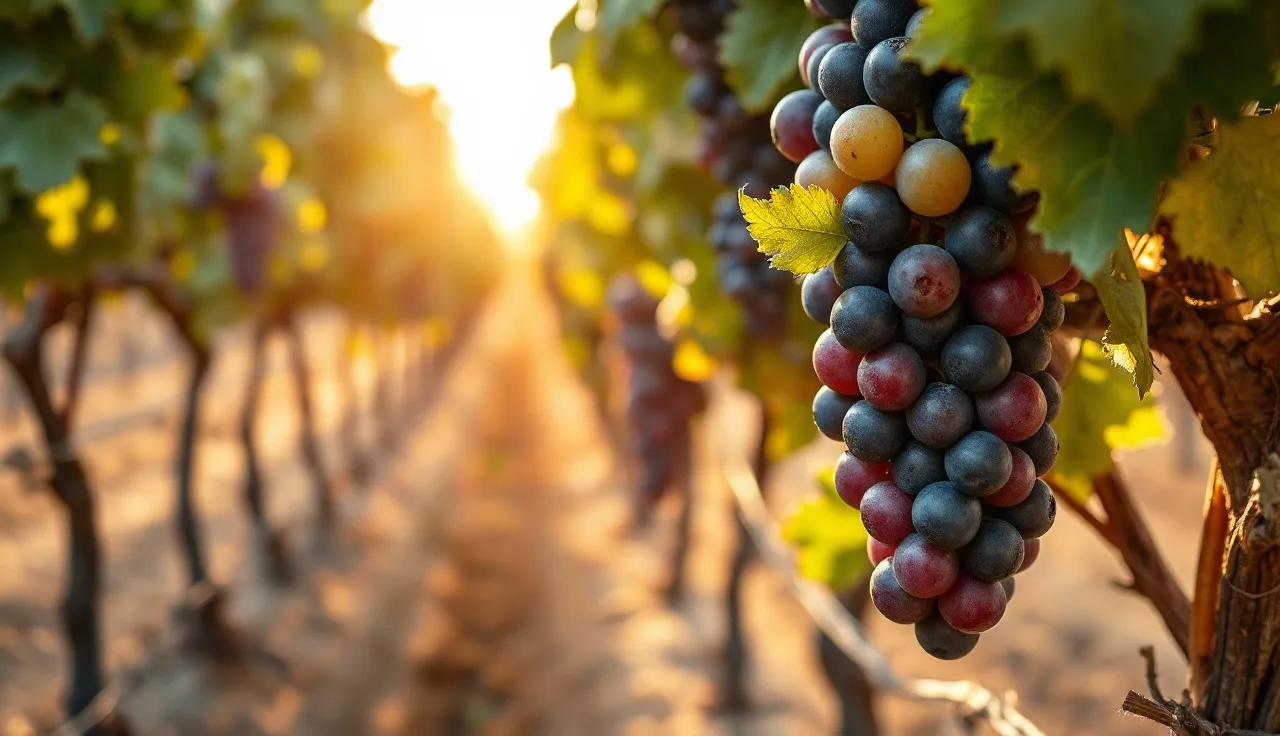 Grapevine clusters at veraison showing green and purple berries in afternoon vineyard light