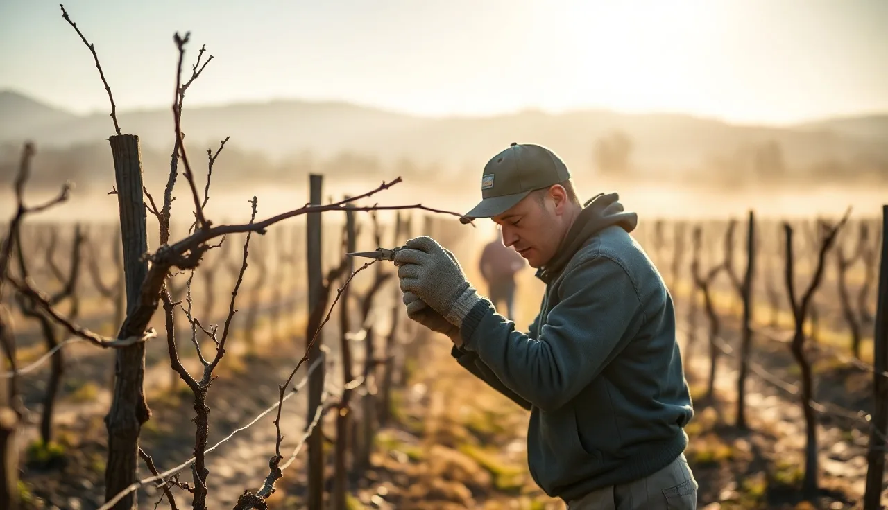 Vineyard worker pruning dormant grapevine cordon in foggy winter morning light