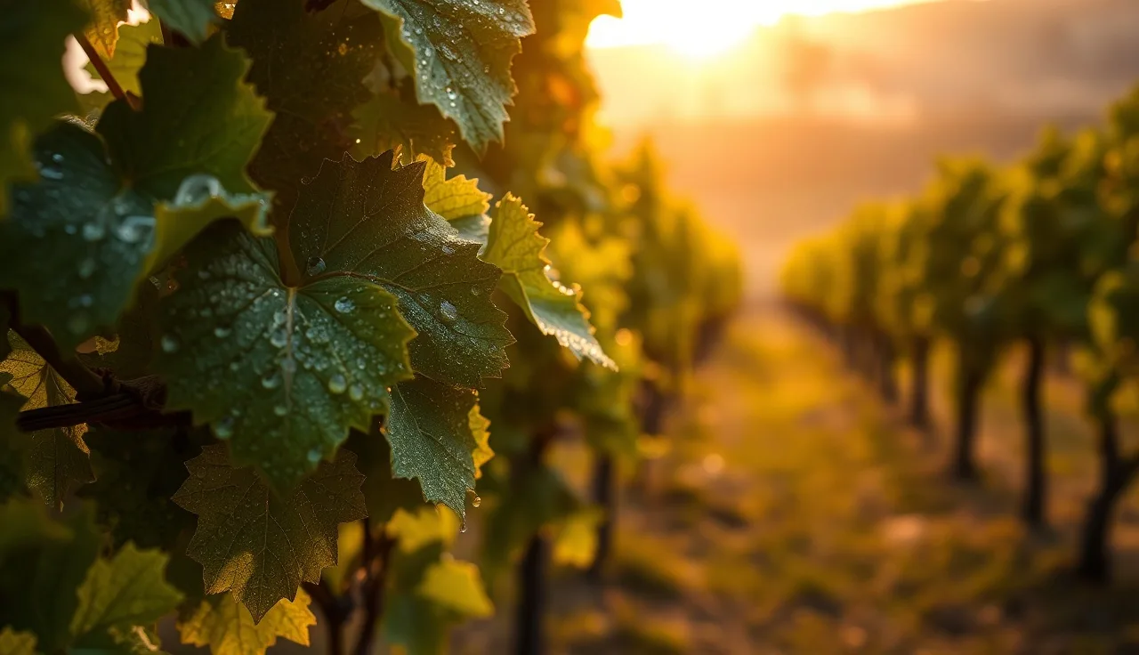 Dew-covered grapevine leaves at sunrise with vineyard rows in background mist