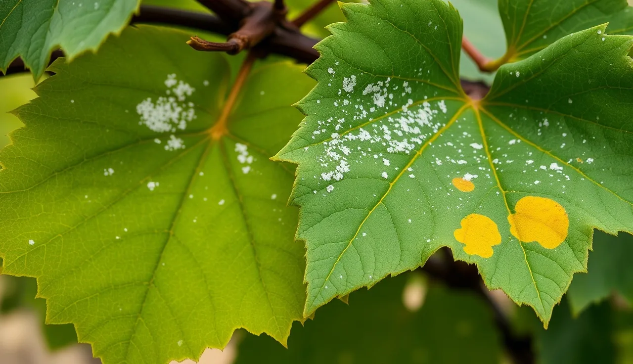 Grapevine leaves showing visible powdery mildew and downy mildew symptoms side by side in vineyard