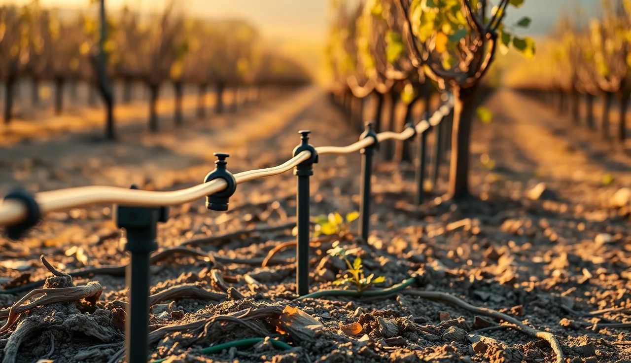 Drip irrigation emitter line along dormant grapevine rows at dawn with morning light