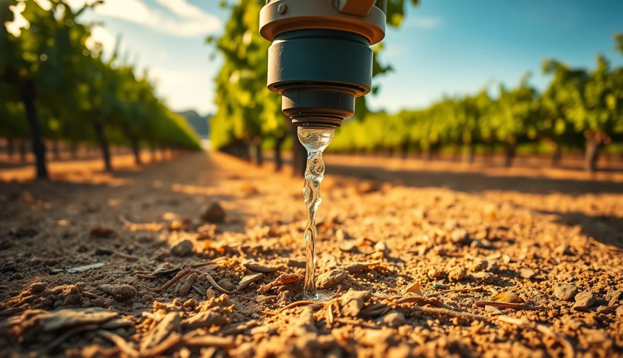 Drip irrigation emitter watering base of grapevine in a California vineyard