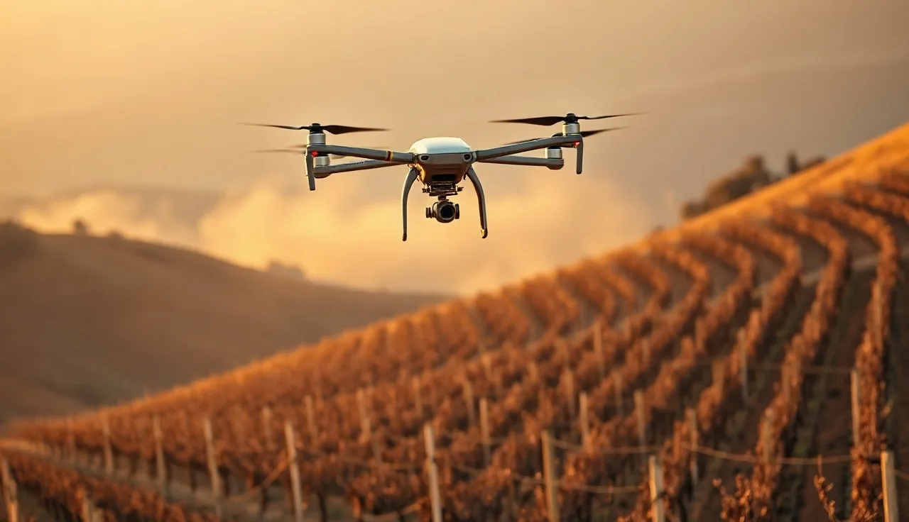 Agricultural drone sprayer flying low over steep hillside vineyard rows at dusk