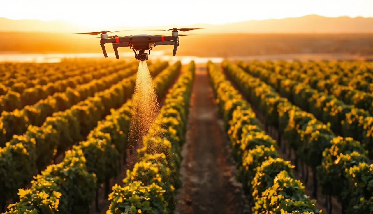 Agricultural spray drone flying over vineyard rows at dawn in California's Central Valley