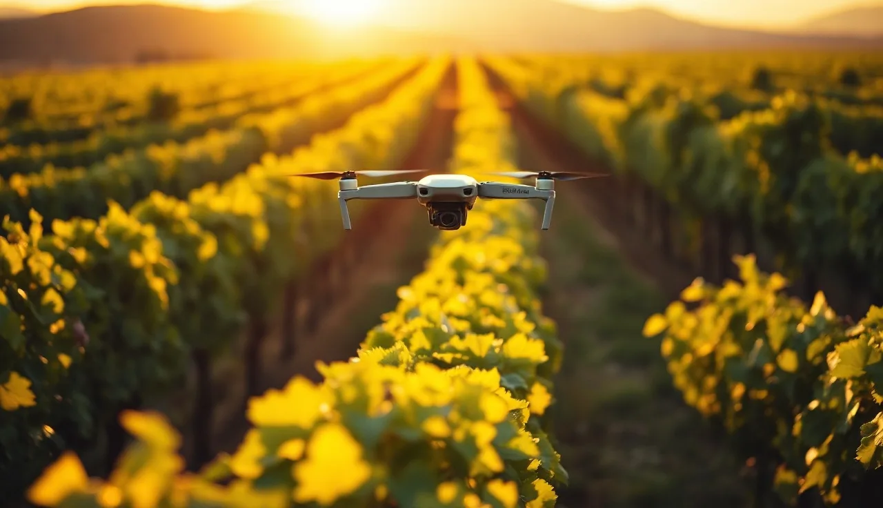 Multirotor drone flying over grapevine rows during late afternoon scouting flight