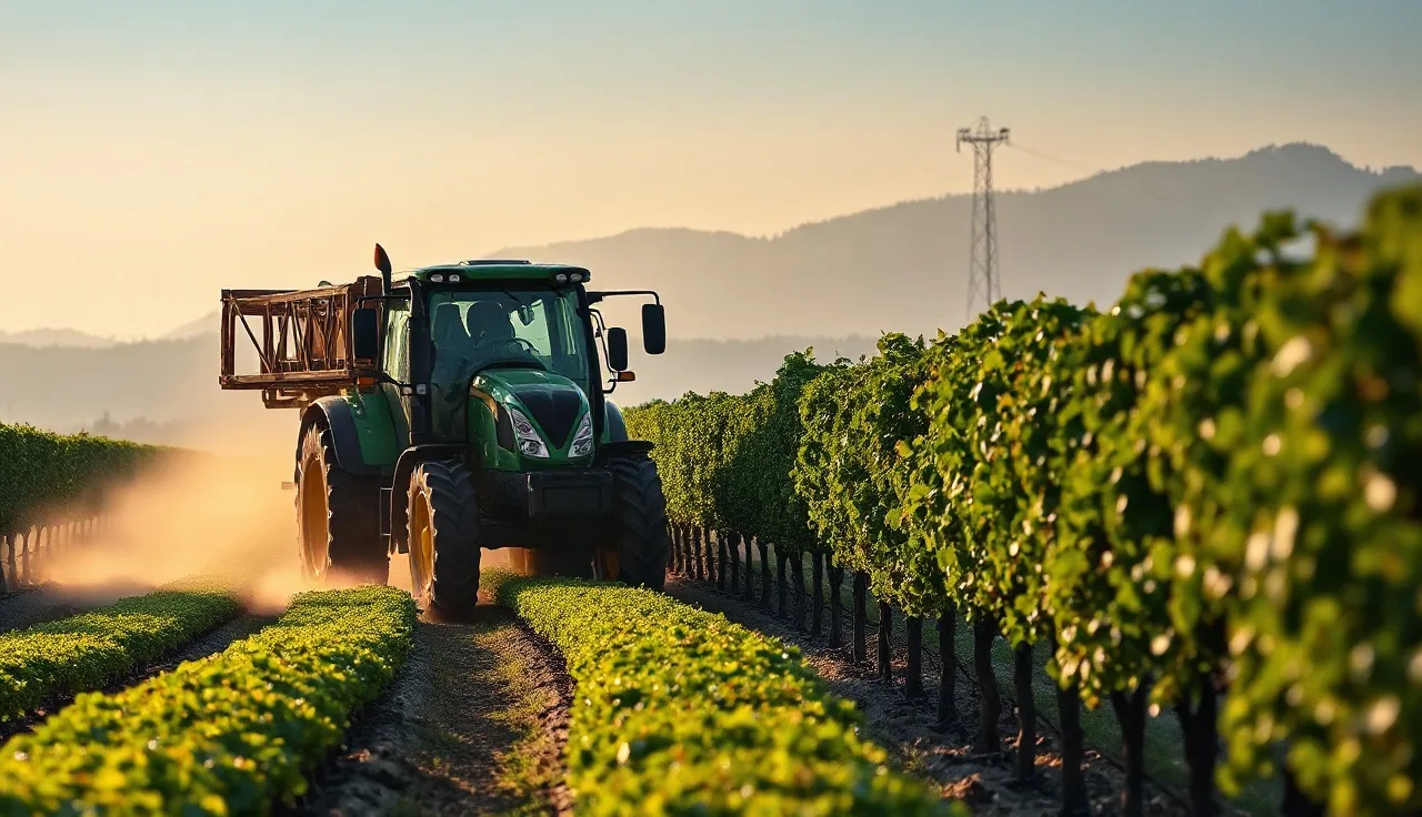 Tower vineyard sprayer applying mist along a grape vine row at dawn