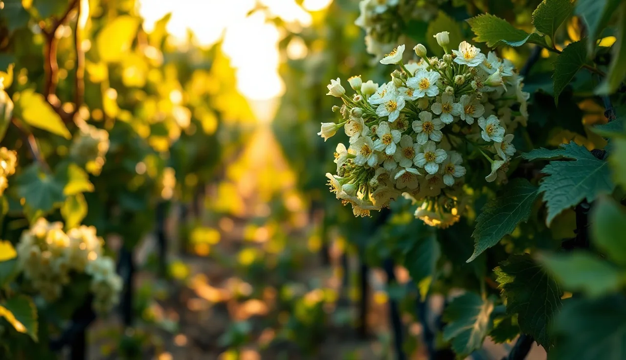 Open Chardonnay flower clusters at peak bloom with vineyard rows in background