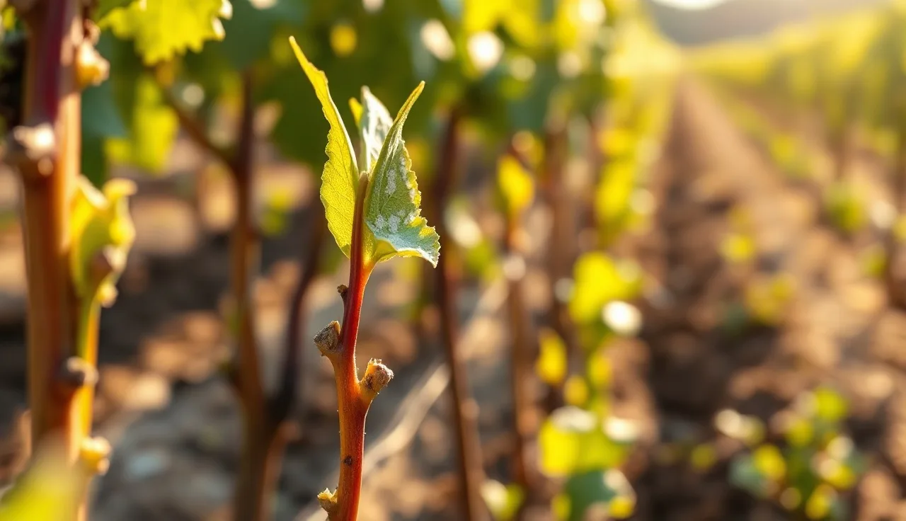 Young grapevine shoot showing early white powdery mildew colonies on leaves