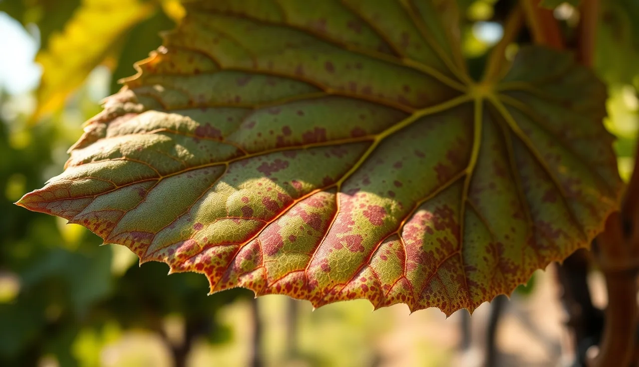 Grapevine leaf showing leafroll disease symptoms with red discoloration and curled margins