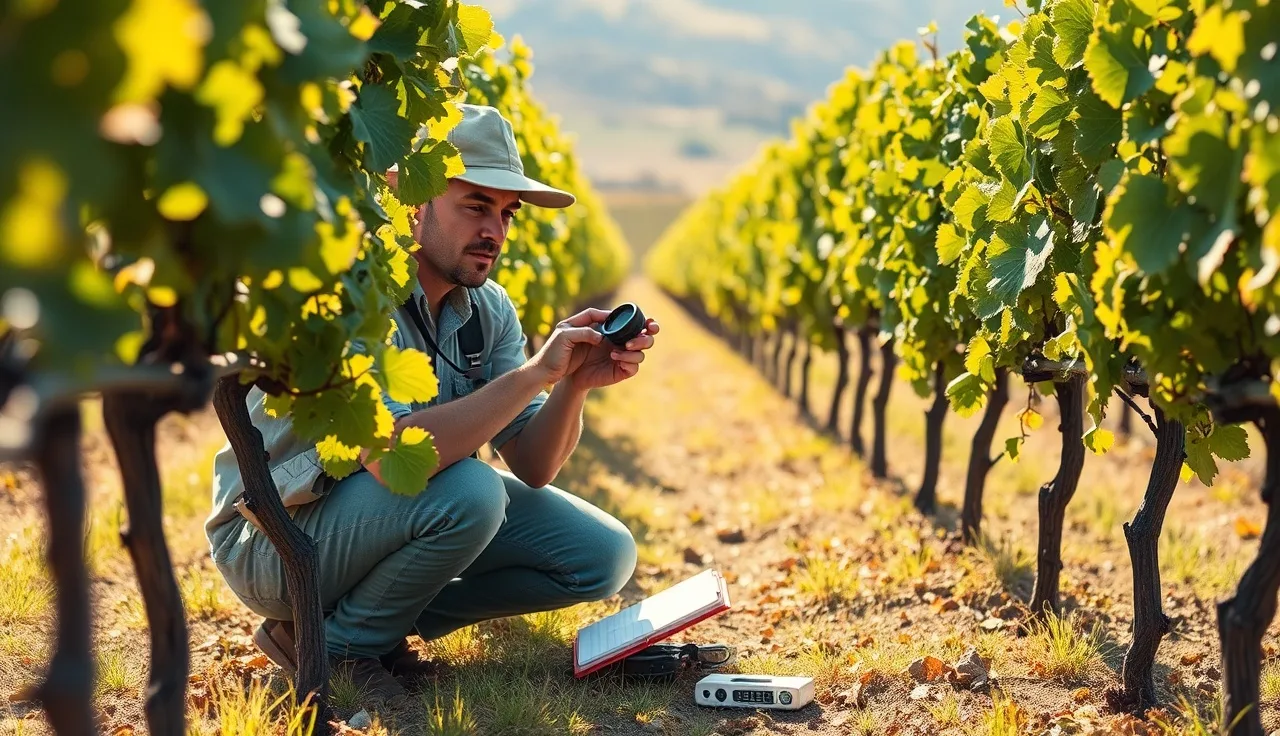 Vineyard scout examining grape leaves with a hand lens for pest threshold scouting