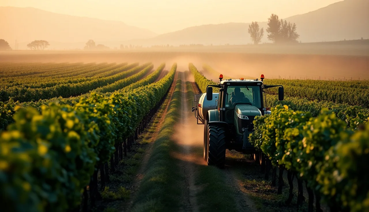 Electrostatic vineyard sprayer working a dense VSP vine row at dawn