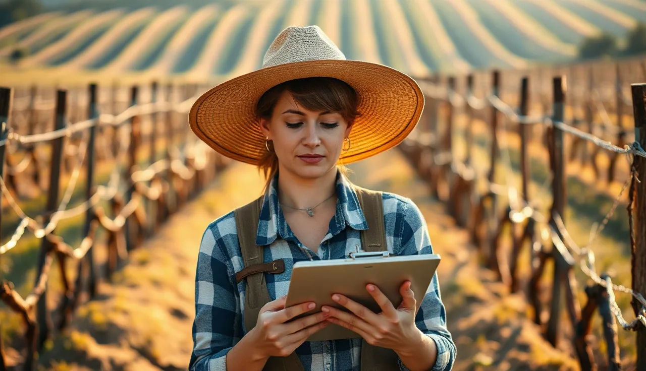 Vineyard manager reviewing pesticide handler training records in a vineyard row