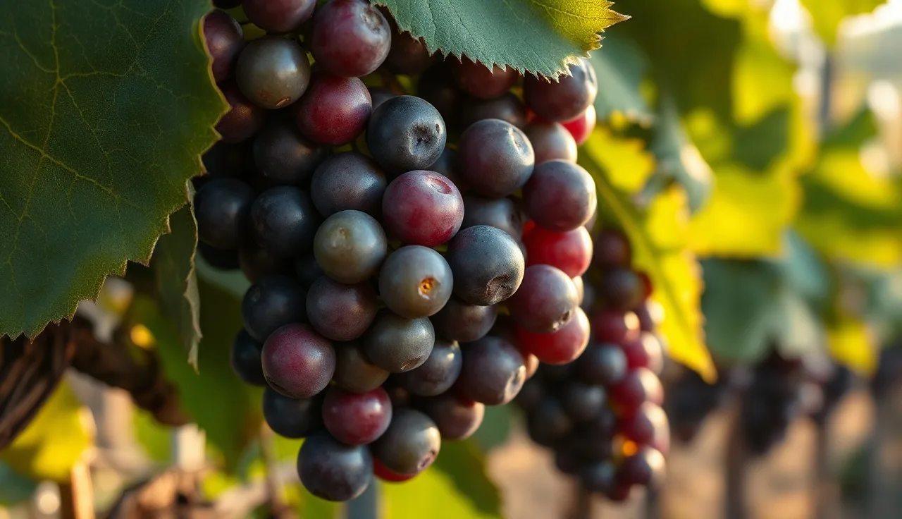 Grape cluster showing partial veraison with mixed purple and green berries on vine