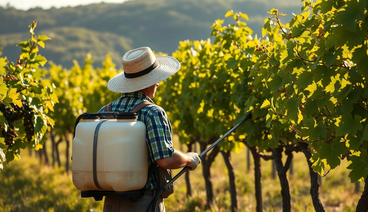 Vineyard worker filling sprayer tank beside grapevines on a sunny morning
