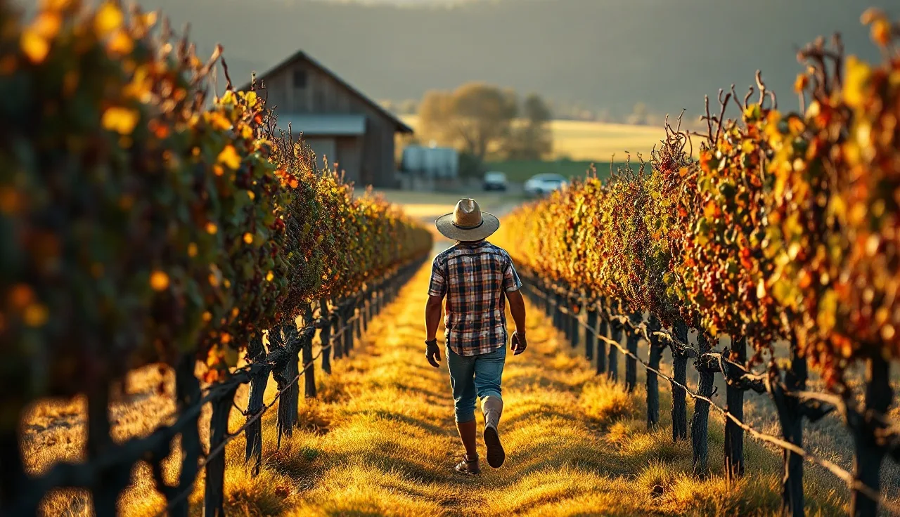 Vineyard worker walking rows near a barn at early morning light