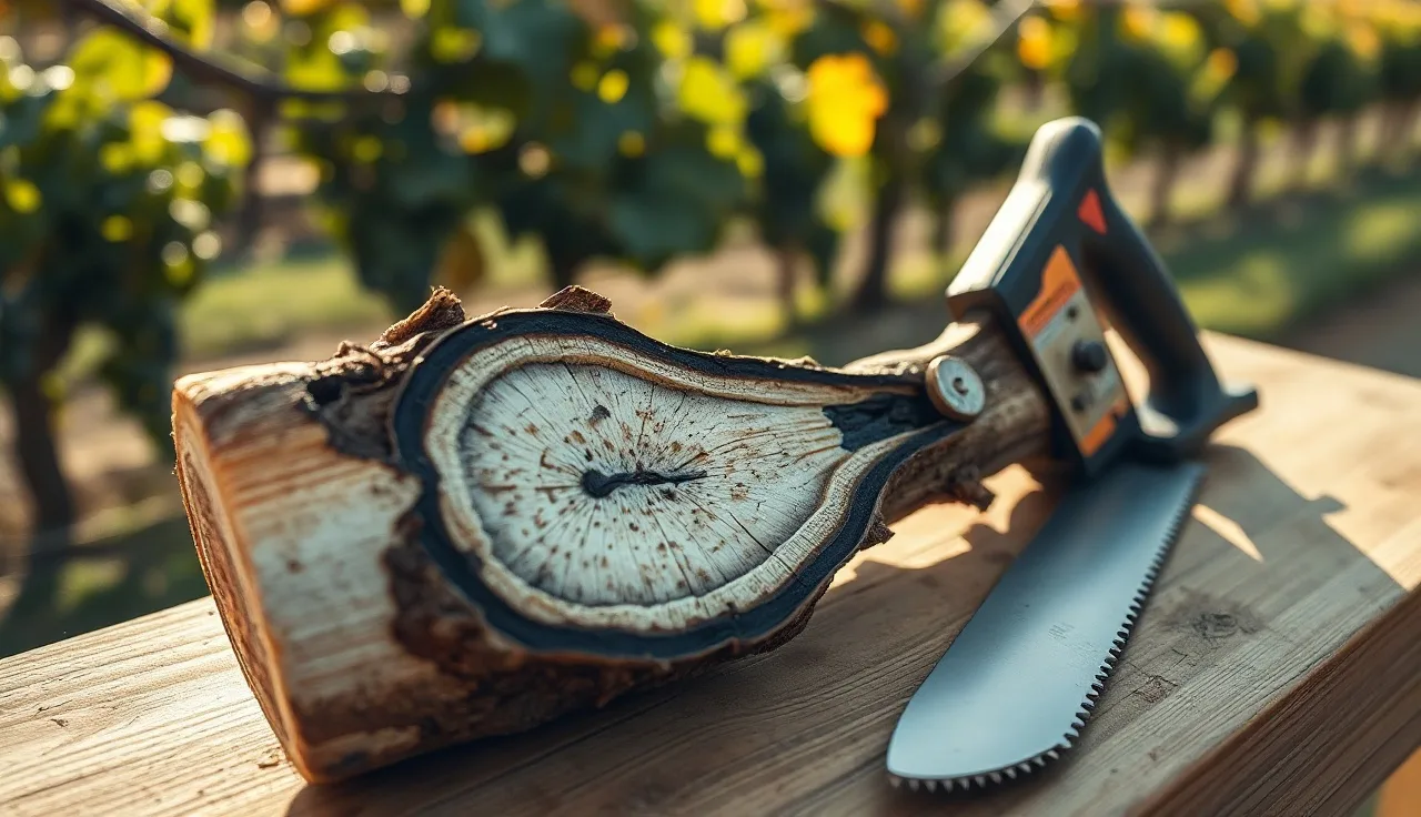 Cross-section of esca-infected grapevine wood showing internal rot and dark streaking