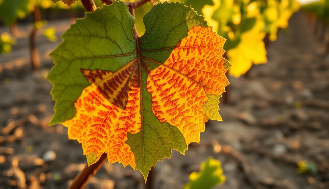 Grapevine leaf with classic esca tiger-stripe interveinal necrosis symptoms in vineyard