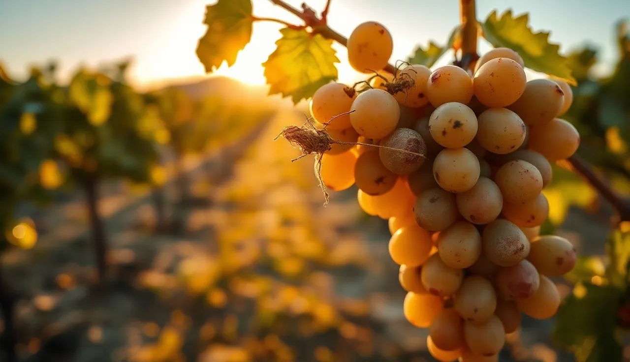 Damaged grape cluster showing European grapevine moth larval webbing on berries