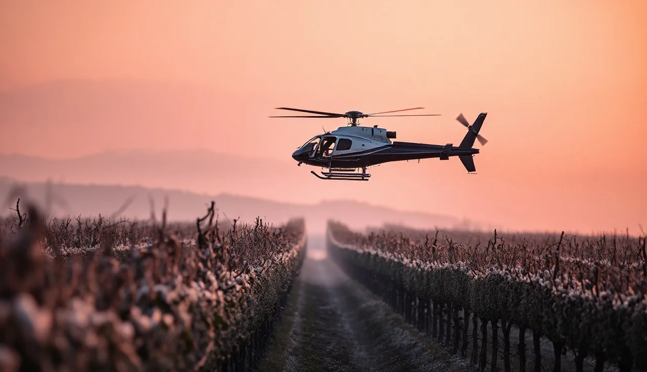 Helicopter making low pass over frost-covered vineyard rows at dawn
